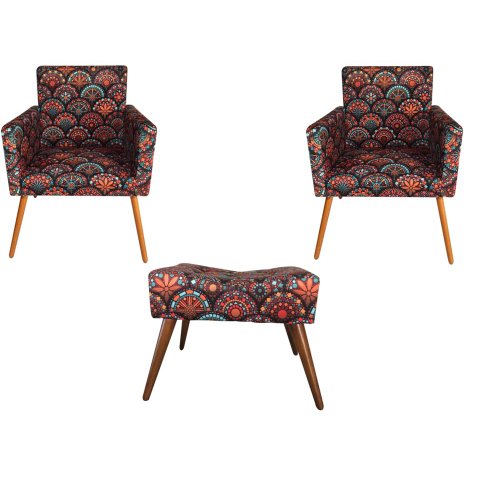 Kit 2 Poltronas Decorativa Bia + Puff Retangular Suede Mandala Pés Madeira Ms Decor