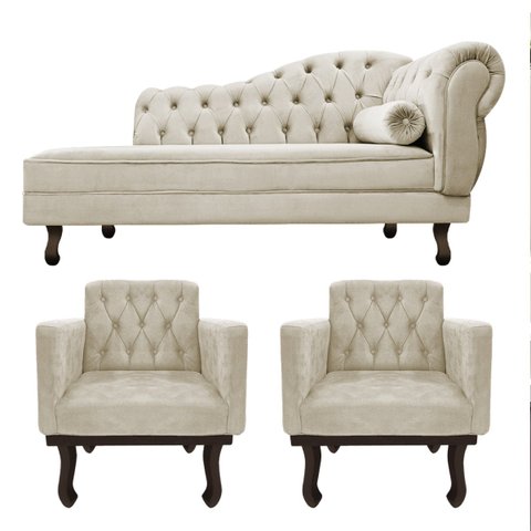 Kit Diva Recamier Diana 185cm Lado Esquerdo e 02 Poltronas Classic Linho Bege - ADJ Decor