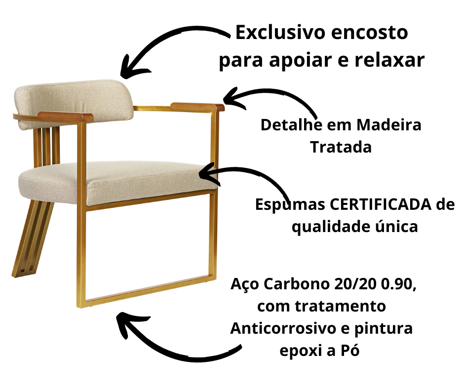 Kit 02 Poltronas Oregon Braço Madeira Linho Marfim Estrutura Dourado - 6