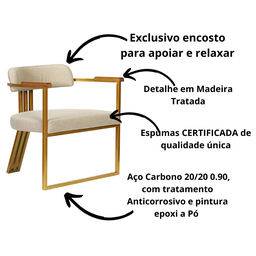 Kit 02 Poltronas Oregon Braço Madeira Linho Marfim Estrutura Dourado - 6