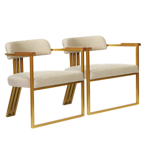 Kit 02 Poltronas Oregon Braço Madeira Linho Marfim Estrutura Dourado
