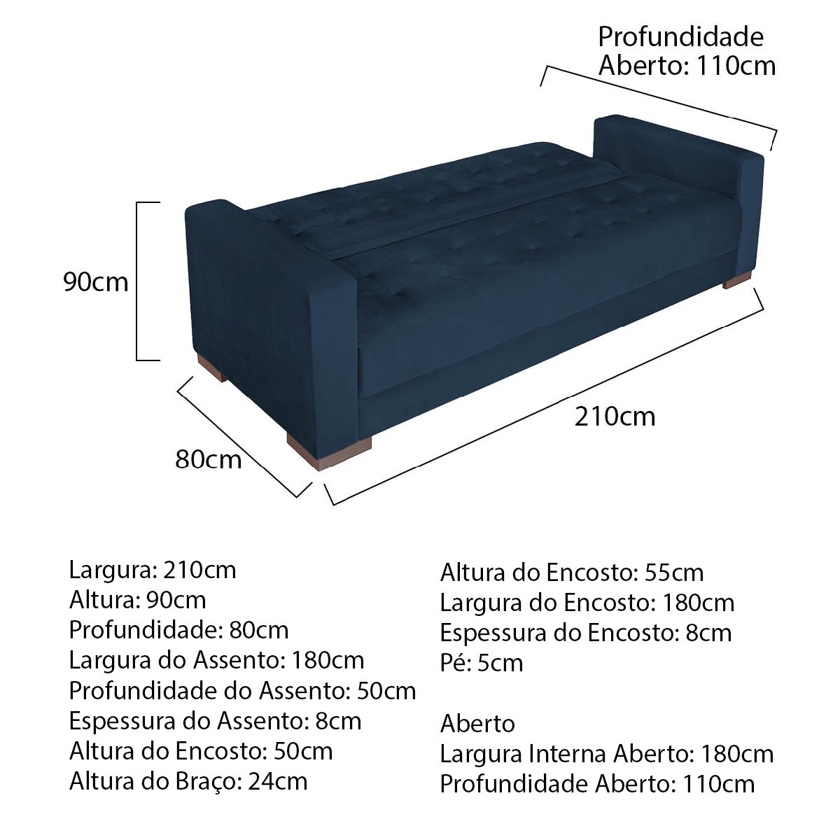 Sofá Cama 3 Lugares Jobim Suede Azul Marinho - ADJ Decor - 3