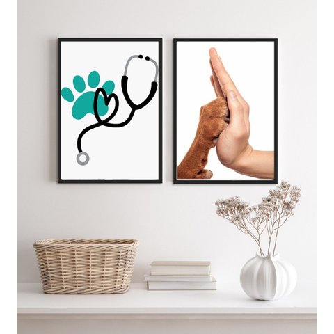 Kit 2 Quadros Decorativos para Clinica Veterinária 45x34cm:madeira Preta