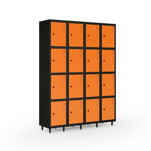 Armário Roupeiro Locker Guarda-Volume de Aço 16 Portas Pequenas com Fecho para Cadeado Vestiário Laranja/Preto