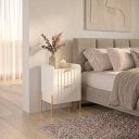 Ver imagem 1 de Mesa de Cabeceira Moriah Off White Luxo MDF Ripado Industrial Pés Ferro Cobre