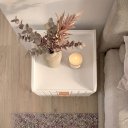 Ver imagem 3 de Mesa de Cabeceira Moriah Off White Luxo MDF Ripado Industrial Pés Ferro Cobre