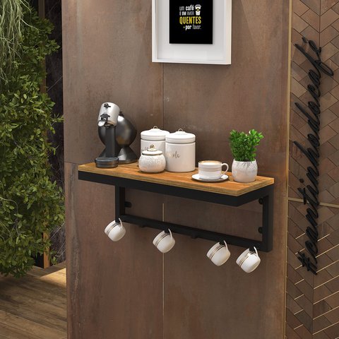 Prateleira Suspensa Multiuso Cantinho do Café em Aço com Mdf - Preto/canela