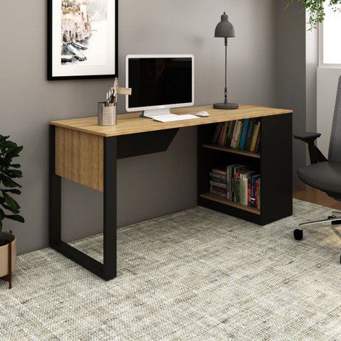 Mesa Escrivaninha com Estante 160x74cm Me4182 Amêndoa Preto