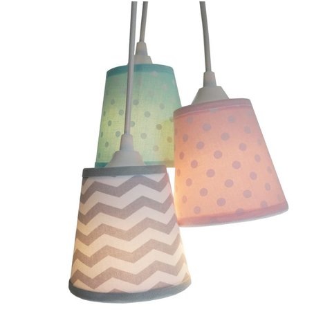 Lustre Bebê Triplo Poás e Chevron Cinza, Rosa e Verde