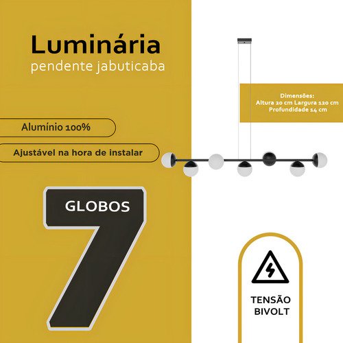 Luminaria de Teto Pendente Jabuticaba 7 Globos Vidro - Bivolt - Preto - 110v/220v - 4