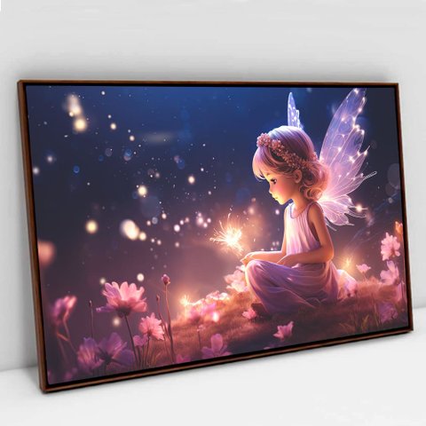 Quadro Decorativo Fadinha em Tela Canvas Tacolado Moldura Flutuante 4,5cm Madeira 80 X 120cm