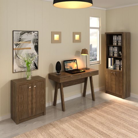 Conjunto de Escritório com Escrivaninha 03 pç CJ43018-057 Tecno Móbili - Tecno Móbili Nogal