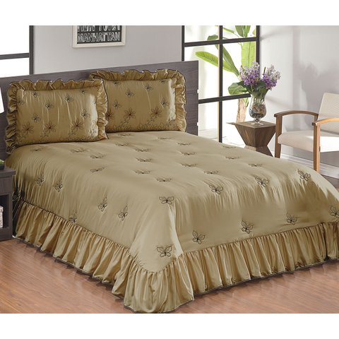 Colcha Casal Queen Coleção Borboletas 03 Peças - Bege / Tabaco