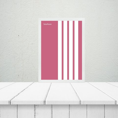 Quadro Minimalista Bauhaus Rosa Listras Brancas 24x18cm:moldura Branca