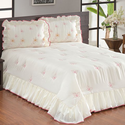 Colcha Casal Queen Coleção Borboletas 03 Peças - Palha / Rosê