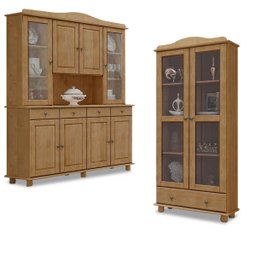 Conjunto Cozinha: Cristaleira 8 Portas 4 Gavetas e Vitrine 2 Portas 1 Gaveta Rubi Freijó Madeira Pin - 1