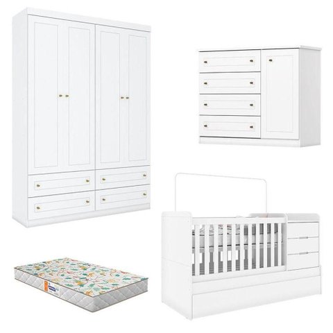 Quarto Infantil 4 Portas Mississipi com Berço Multifuncional Cleo Branco Fosco com Colchão Gazin