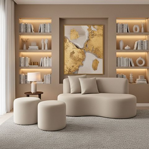 Conjunto Sofá Curvo Orgânico + 2puffs Nature Gaia Suede Bege - Montanaris Decor