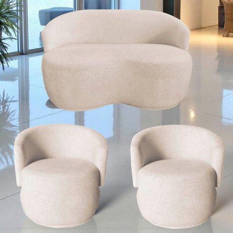 Kit Namoradeira + 2 Poltronas Decorativa Beatriz Orgânica Veludo Marfim