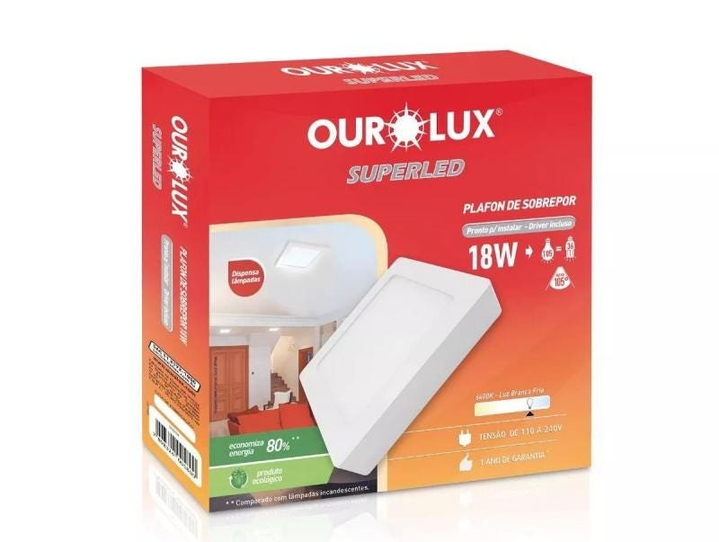 Plafon de Sobrepor 18W Quadrado 6400K Ourolux - 1