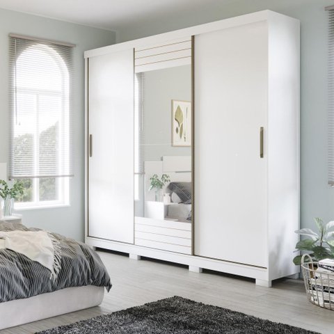 Guarda Roupa Armário Roupeiro Casal MDF 3 Portas de Correr 4 Gavetas 6 Prateleiras Quarto Branco