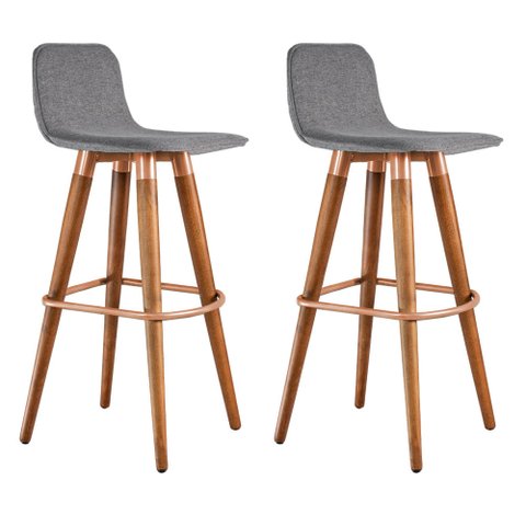 Kit 2 Banquetas Altas Luxo Linea Aço Cobre Linho Cinza Base Carvalho