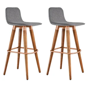 Kit 2 Banquetas Altas Luxo Linea Aço Cobre Linho Cinza Base Carvalho