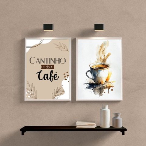 Kit 2 Quadros Cantinho do Café- Aquarela 45x34cm:madeira Branca