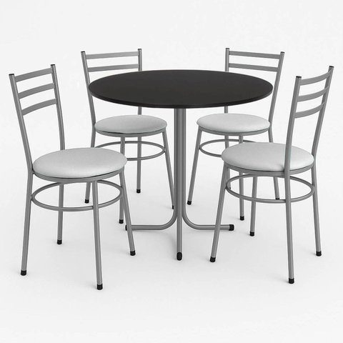 Mesa de Jantar Redonda 80cm Preta com 4 Cadeiras Estofada Cinza