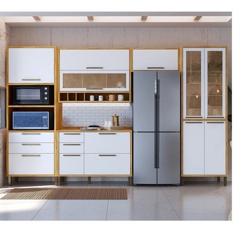 Cozinha Completa Modulada 100% MDF 5 Peças 11 Portas 5 Gavetas e Vidro 349cm Vicenza Espresso Móveis Branco/Amêndoa