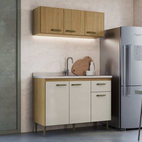 Cozinha Compacta 2 Peças em MDP Berlim Marrom/Ipê/Cristalo