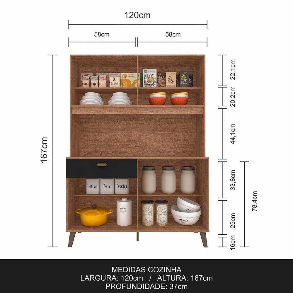 Armário Kit de Cozinha Emily Retro 6 Portas Carvalho/preto - Móveis Arapongas - 3