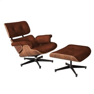 Poltrona para Leitura Charles Eames com Puff Couro Legítimo Marrom
