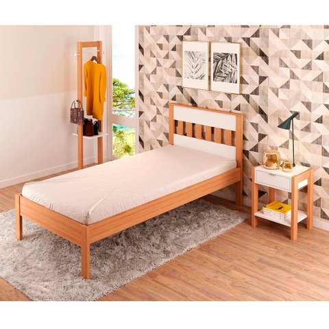 Cama Solteiro com Detalhe na Cabeceira Suporta até 130 Kg: Amêndoa com Branco