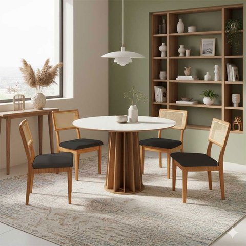 Mesa de Jantar Base Ripada 105cm com 4 Cadeiras 100% Mdf Cor:off White com Freijó e Courino Preto