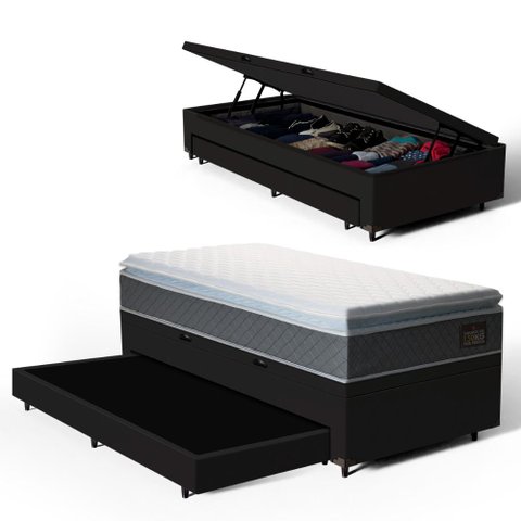 Cama Box Baú com Colchão de Espuma D45 Pillow Top Fort Comfort + Auxiliar Unique Solteiro 88cm