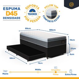 Cama Box Baú com Colchão de Espuma D45 Pillow Top Fort Comfort + Auxiliar Unique Solteiro 88cm - 2