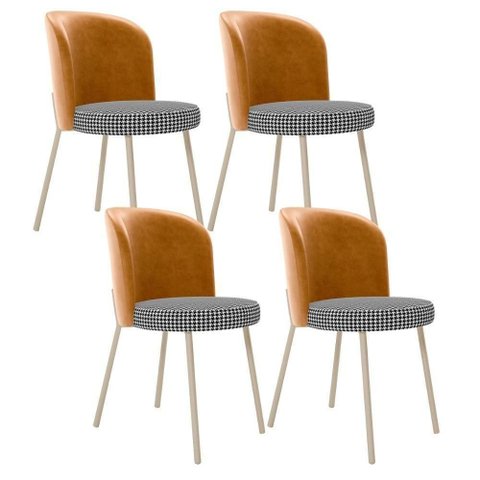 Kit 4 Cadeiras Sala de Jantar Estofada Gavi Arena L02 Couríssimo Whisky Pied Poule Lyam Decor