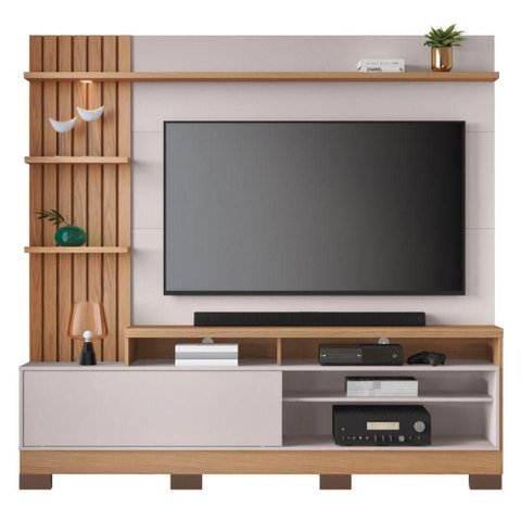 Home para TV Atena 65" 200cm MDF-MDP Ripado com LED Freijó Off White Colibri Móveis