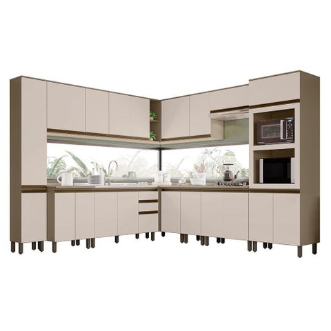 Cozinha Completa de Canto Connect 12 Peças Duna/cristal com Torre Quente 2 Fornos - Móveis Henn