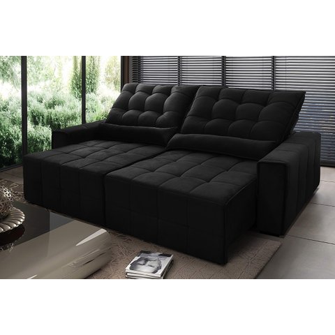 Sofá Retrátil/Reclinável Alaska 2,30m Suede Velut Preto c/ Molas no Assento - King House
