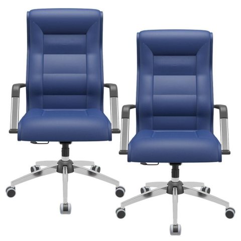 Kit 02 Cadeiras de Escritório Giratória Presidente Base Cromada Kirk P03 Vinil Azul - Lyam Decor