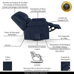 Poltrona do Papai Reclinável Sala de Cinema Madrid Glider Manual Giratória Massagem USB PU Azul G23  - 3
