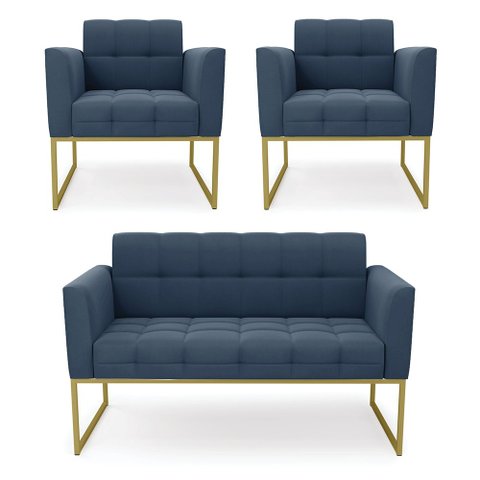 Kit 1 Sofá Namoradeira e 2 Poltronas Elisa Suede Azul Marinho Base Metálica Industrial Dourada - D'R
