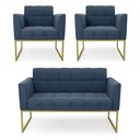 Ver imagem 1 de Kit 1 Sofá Namoradeira e 2 Poltronas Elisa Suede Azul Marinho Base Metálica Industrial Dourada - D'R