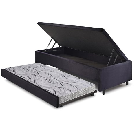 Bicama Box com Baú Solteiro Suede Preto 88x188 com Colchão Auxiliar Ecoflex