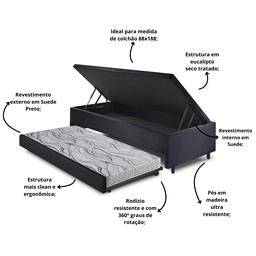 Bicama Box com Baú Solteiro Suede Preto 88x188 com Colchão Auxiliar Ecoflex - 5 Bicama Box com Baú Solteiro Suede Preto 88x188 com Colchão Auxiliar Ecoflex - 5