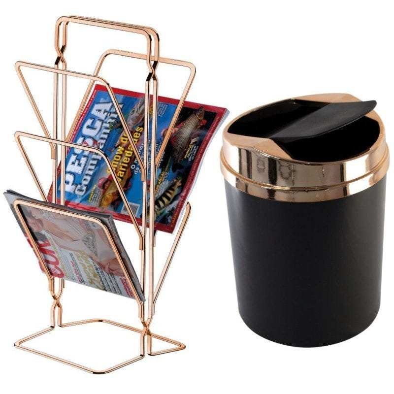 Kit Escritório Salão Recepção Lixeira Basculante 5L e Revisteiro Cobre - Preto/Cobre