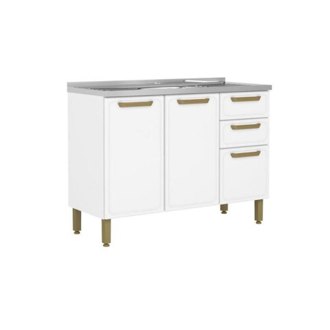 Balcão de Cozinha C/ Pia Bella C/ 3 Portas e 2 Gavetas 120cm Branco - Bertolini