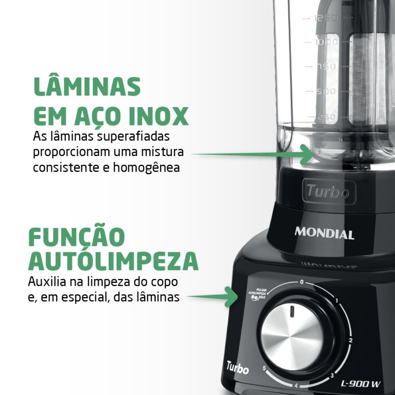 Liquidificador Mondial Turbo Full Black L-900Fb 900W 5 Velocidades + Função Pulsar/Gelo Preto – 220V - 3